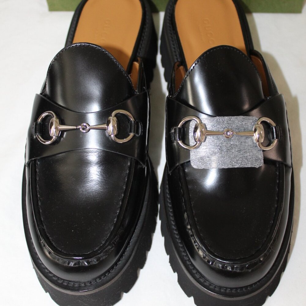NWB Gucci Horsebit GG Lug Sole Black Leather Flats Mules Slip Ons 764207 - Picture 2 of 10
